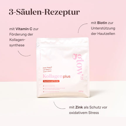 Glow25® Collagen Plus [450 g] - kolagēna hidrolizāts ar C vitamīnu, cinku un biotīnu - 1. un 3. tipa peptīdi - laba šķīdība - neitrāls