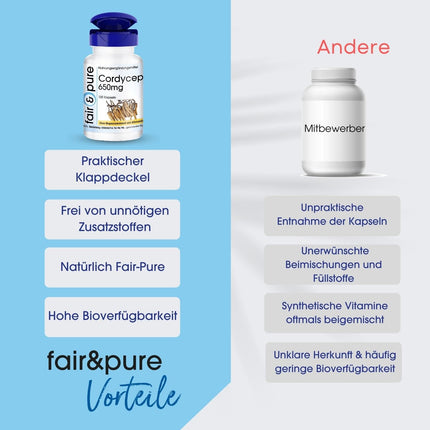 Fair &amp; Pure® - Cordyceps 650mg - 120 kapsulas - Cordyceps Sinensis - bez magnija stearāta - vegāns