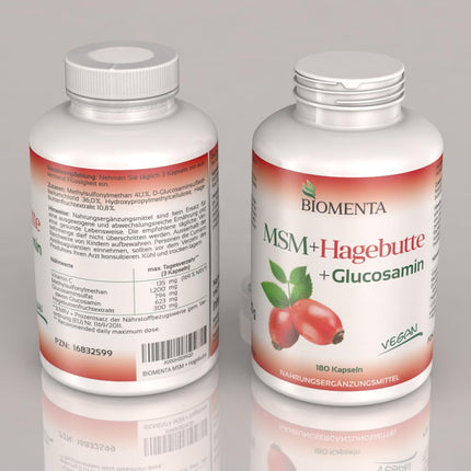 BIOMENTA MSM + Mežrozītes + Glikozamīns – 180 alergēnu nesaturošas kapsulas ar lielu devu – 1200 mg organiskā sēra pulvera + 794 mg glikozamīna sulfāta + 300 mg mežrozīšu ekstrakta dienā – vegāns – augstākās kvalitātes