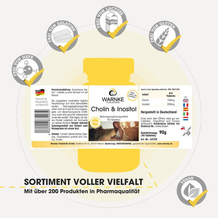 Holīns un inozitols - 90 tabletes - augsta deva un vegānisks - ar holīna bitartrātu | Warnke Vitalstoffe - Vācijas aptieku kvalitāte