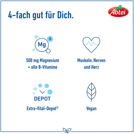 Abtei Magnesium 500 Plus Extra Vital Depot – augsta deva – ar visiem B vitamīniem – muskuļiem, nerviem un sirdij – vegāns – 42 tabletes