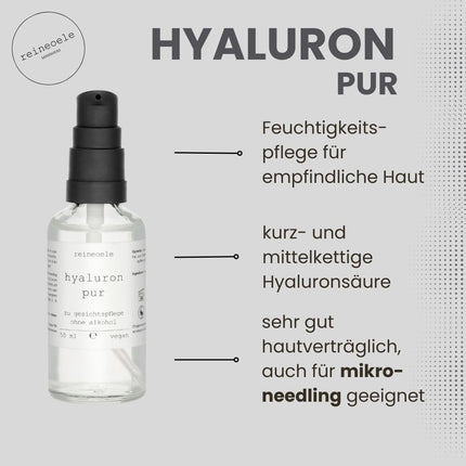 Tīrs hialuronskābes serums, augsta deva, vegāns, piemērots dermarolleram, bez alkohola, jutīgai ādai, 50 ml stikla pudelīte, tīras eļļas, Hyaluron Pur No20
