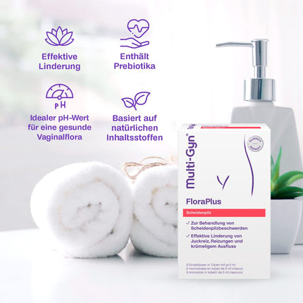 Multi-Gyn FloraPlus intīmais krēms 5 ml - maksts infekciju (kandidozes) ārstēšanai - 5 vienreizējas devas tūbiņas - tūlītēja niezes, kairinājuma un izdalījumu samazināšana. Ar prebiotikām
