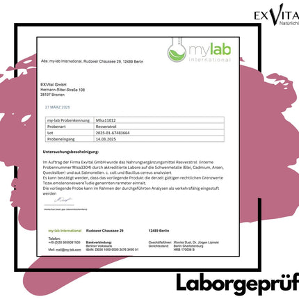 EXVital® resveratrola kapsulas, 98% trans-resveratrols, 500 mg vienā kapsulā, 120 vegānas kapsulas, vegānas un bez piedevām, laboratoriski pārbaudītas