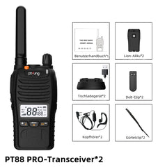 pofung PT88 PRO Professional bezlicencēts PMR446 pārnēsājams uzlādējams rācijas uztvērējs, 16 kanāli, LED ekrāns, mirgojošs trauksmes signāls, TOT, CTCSS/DCS, VOX un USB (kempings, piedzīvojumi) (2 iepakojums)