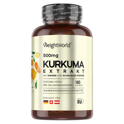 Kurkumas ekstrakta kapsulas - 500 mg kurkumas ekstrakta - 180 kapsulas 6 mēnešiem - kurkumīns ar 20 mg ingvera un 600 mg melnajiem pipariem - 1 kapsula dienā - kurkumīns - WeightWorld
