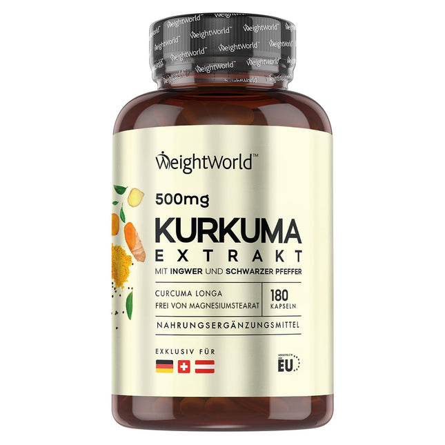 Kurkumas ekstrakta kapsulas - 500 mg kurkumas ekstrakta - 180 kapsulas 6 mēnešiem - kurkumīns ar 20 mg ingvera un 600 mg melnajiem pipariem - 1 kapsula dienā - kurkumīns - WeightWorld