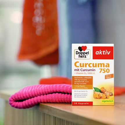 Doppelherz Curcuma 750 ar kurkumīnu + D3 vitamīnu 1000 SV – D vitamīns veicina normālu imūnsistēmas darbību – 60 kapsulas