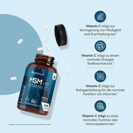 MSM 2400 mg ar 100 mg C vitamīna - 360 vegānas tabletes 6 mēnešu krājumam - Metilsulfonilmetāns un C vitamīns - Alternatīva kapsulām un pulverim - Bez glutēna un magnija stearāta - WeightWorld