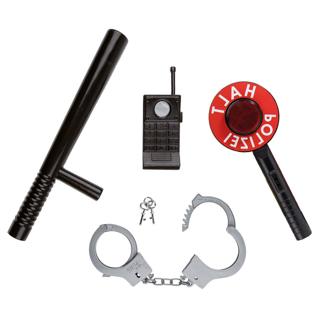 Idena 90256 - policijas avārijas komplekts, 4 daļu komplekts ar policijas zizli, zizli, roku dzelžiem un rāciju, bērniem no 5 gadu vecuma
