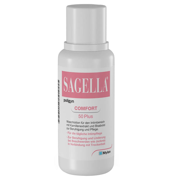 SAGELLA poligyn - Comfort 50 Plus: intīmās zonas mazgāšanas losjons ar kumelīšu ekstraktu un bisabololu, intīmai kopšanai no menopauzes, 500 ml