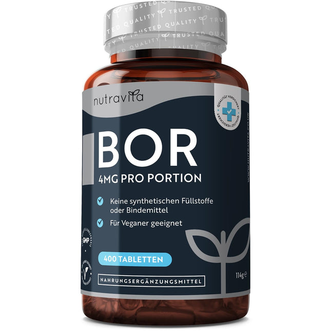Bors — 4 mg tīra bora vienā tabletē — 400 tabletes — 13 mēnešu krājumi — Laboratorijā pārbaudīts — Bez nevēlamām piedevām — Augsta deva — Piemērots vegāniem — Ražotājs: Nutravita