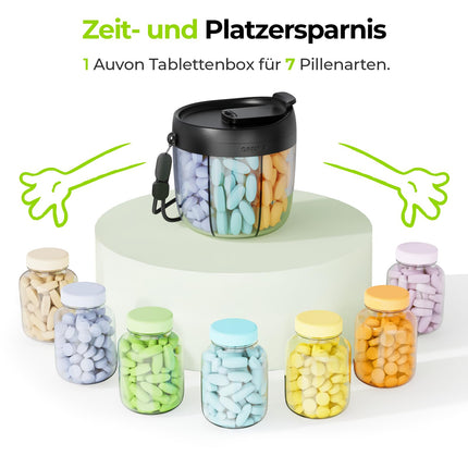 AUVON 7 dienu tablešu kastīte, apaļa zāļu kastīte ar 7 lieliem nodalījumiem un platu atveri ērtai lietošanai, pārnēsājama tablešu kastīte lietošanai ceļā, vitamīni, zivju eļļa, medikamenti, uztura bagātinātāji