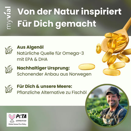 Omega 3 vegāniskās kapsulas 120 gab. – 600 mg EPA un DHA no aļģu eļļas – augsta deva – triglicerīdu forma – ilgtspējīgi ražots Vācijā – bez piedevām – laboratoriski pārbaudīts
