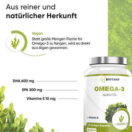 Omega 3 vegāns no aļģu eļļas 140 mīkstās kapsulas | 600 DHA un 300 EPA+ E vitamīns vienā dienas devā | apm. 3 mēnešu krājumi, ieskaitot tablešu kastīti | laboratoriski pārbaudīts | augsta biopieejamība
