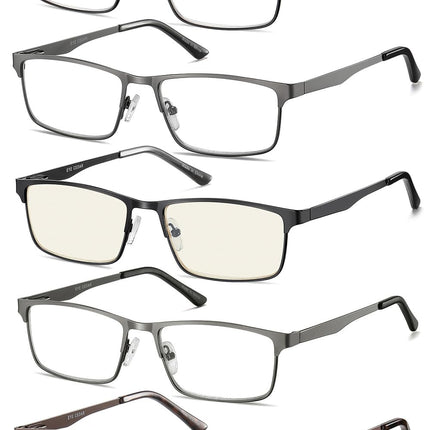 EYECEDAR Amcedar 5 gabalu lasāmbrilles vīriešiem, taisnstūra rāmis, metāla pelēks, nerūsējošā tērauda materiāls, atsperes eņģes, iekļautas datora lasāmbrilles 2.00