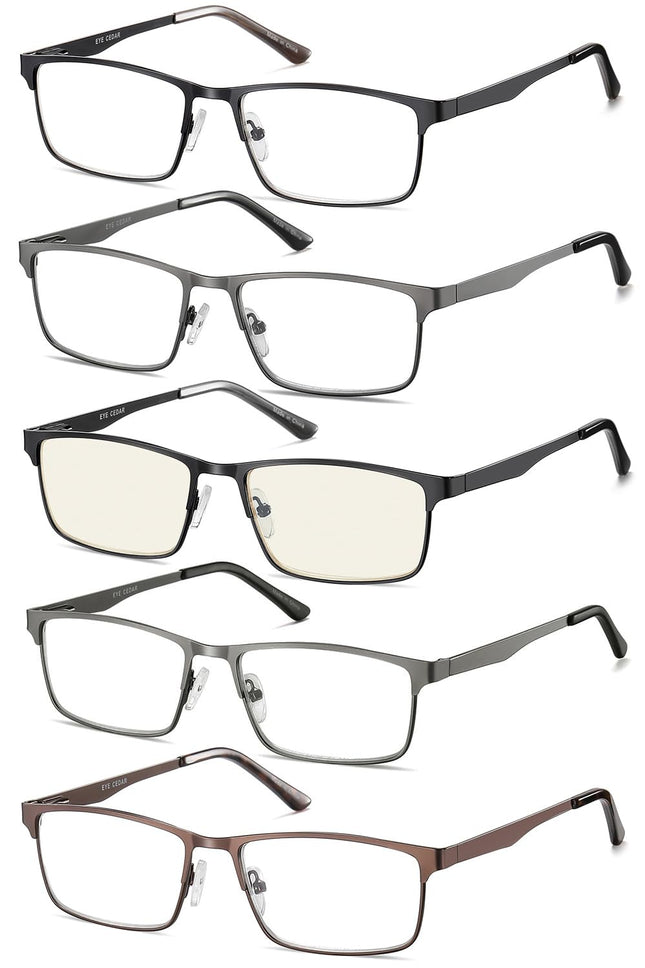 EYECEDAR Amcedar 5 gabalu lasāmbrilles vīriešiem, taisnstūra rāmis, metāla pelēks, nerūsējošā tērauda materiāls, atsperes eņģes, iekļautas datora lasāmbrilles 2.00
