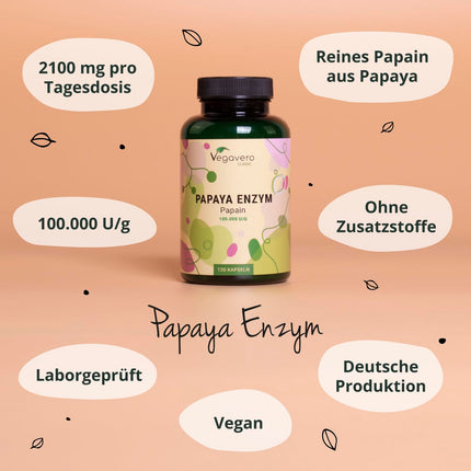 Papaijas enzīms Vegavero® | Augsta deva: 2100 mg tīra papaīna dienā | Augsta enzīmu aktivitāte: 100 000 vienības/g | Dabiski no augļiem| 120 kapsulas | Vegāns un bez piedevām