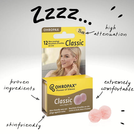 OHROPAX — Classic — Ausu aizbāžņi — 1x 12 gabali — Priekšausu aizbāžņi aizsardzībai pret troksni — Vaska ausu aizbāžņi atpūtai un miegam, kā arī aizsardzībai pret mitrumu un vēju
