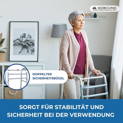 Mobiclinic®, Iešanas palīglīdzeklis, Mezquita, Eiropas zīmols, Iešanas rāmis, Salokāms, Viegls, Regulējams augstums, Senioriem, Izgatavots no alumīnija, Neslīdošs, Ergonomiski rokturi, Līdz 100 kg, Sudraba krāsā