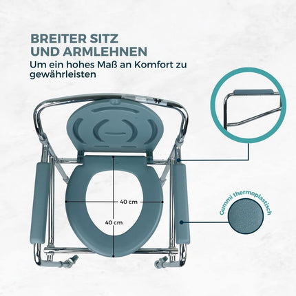 Mobiclinic®, Kumodes krēsls ar riteņiem, Muelle, Eiropas zīmols, Vecāka gadagājuma cilvēkiem un cilvēkiem ar invaliditāti, Neslīdošs, Vāks, Polsterēti roku balsti, Hromēts tērauds, Regulējams augstums, Viegli izvelkams spainis