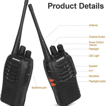 Rācija ar 16 kanāliem, CTCSS/DCS FM, 1500 mAh akumulatoru, maks. Sarunu diapazons 5 km, profesionāls radio ar brīvroku funkciju