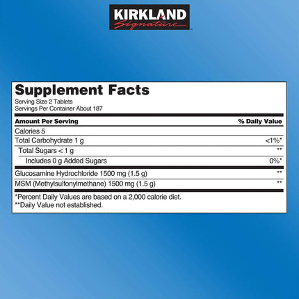 Kirkland Signature īpaši stiprs glikozamīna hidrohlorīds 1500 mg, ar MSM 1500 mg, īpaši liels izdevīgs iepakojums 375 tabletes no Kirkland Signature