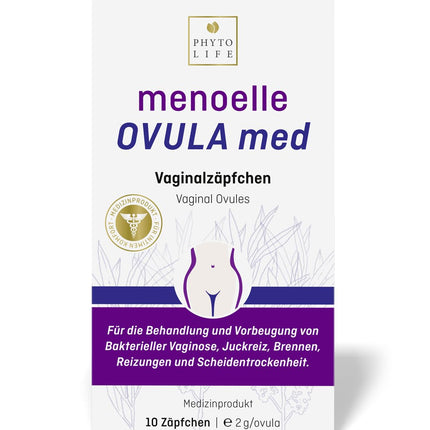 menoelle® OVULA med – vaginālās svecītes. Bakteriālas vaginozes, maksts rauga infekciju un maksts sausuma gadījumā. Ar pienskābi un hialuronskābi. Bez hormoniem un konservantiem. 10 svecītes.