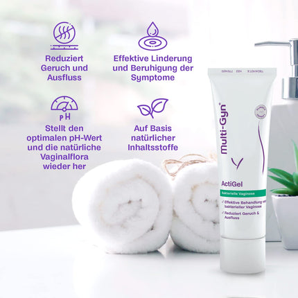 Multi-Gyn ActiGel - bakteriālās vaginozes ārstēšanai un profilaksei. Tūbiņa ar 50 ml gela aptuveni 25 lietošanas reizēm intīmajā zonā un makstī.