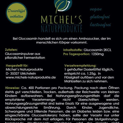 Michel'Naturprodukte glikozamīna sulfāta pulveris 1kg (2x500g) - tīrs glikozamīns - vegāns - no augu fermentācijas - glikozamīns - augstākā kvalitāte