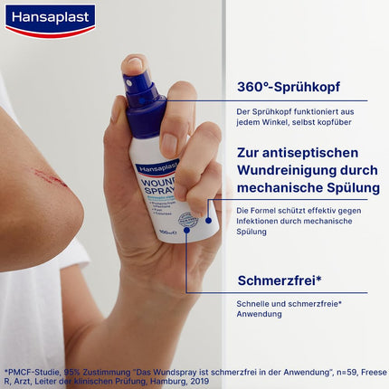 Hansaplast brūču aerosols (50 ml) antiseptiskai brūču tīrīšanai ar mehānisku skalošanu, aerosols aizsargā pret brūču infekcijām, bezkrāsains un īpaši ādai draudzīgs