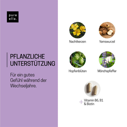 Pure Ella MENOPAUSE - Svarīgi vielu komplekss sievietēm ar menopauzes simptomiem - Satur naktssveces eļļu, jamsa sakni un vijolīšu ogu - Dabīgs, bez hormoniem, vegāns - 60 menopauzes kapsulas