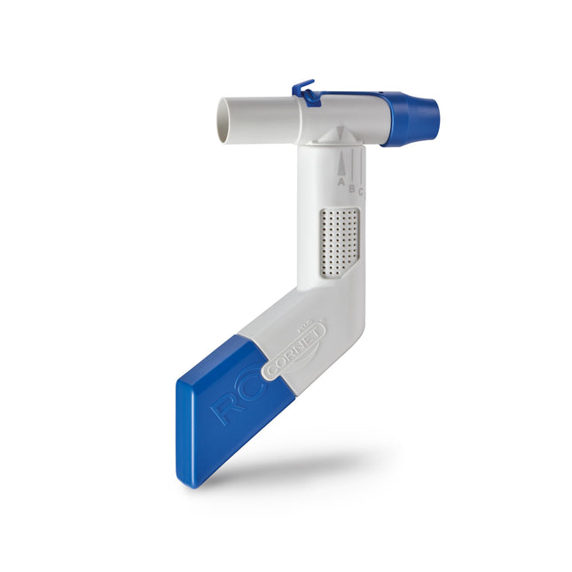CEGLA RC-Cornet PLUS elpošanas terapijas ierīce mazina klepu, atbrīvo gļotas, mazina elpas trūkumu – integrēts savienojums inhalācijas ierīcēm inhalācijai, attīra apakšējos elpceļus, palīdz vieglāk elpot.