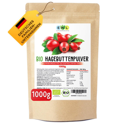 EWL Naturprodukte bioloģiskais mežrozīšu pulveris 1kg, veselas mežrozīšu ogas, samaltas pārtikas kvalitātē, vegāns, bioloģisks mežrozīšu pulveris no kontrolētas bioloģiskas audzēšanas.