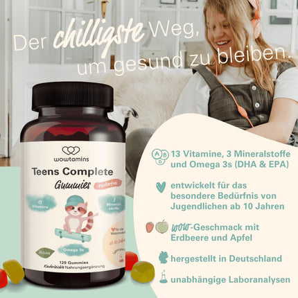 wowtamins Teens Complete bez cukura - vitamīni pusaudžiem (30 dienu piegāde) - multivitamīnu gumijas konfektes ar Omega 3 - uztura bagātinātājs imūnsistēmai ar C, D3, B12 vitamīniem, cinku un citiem vitamīniem