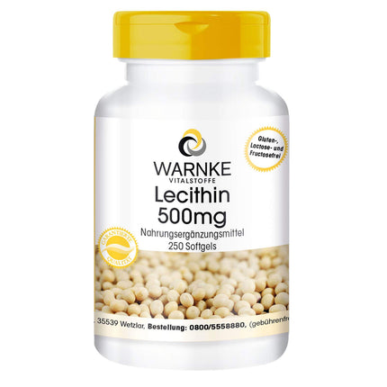 Lecitīns 500 mg - no sojas - 250 mīkstās kapsulas - bez ĢMO - liela deva - lielapjoma iepakojums | Warnke Vitalstoffe - Vācijas aptieku kvalitāte