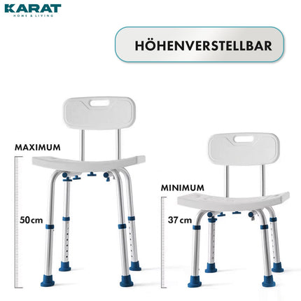 KARAT dušas krēsls ar noņemamu atzveltni, dušas krēsls senioriem, regulējams augstums 37-50 cm, kravnesība līdz 150 kg, neslīdošs un stabils, dušas sēdeklis, vannas krēsls, vannas krēsls Jonah