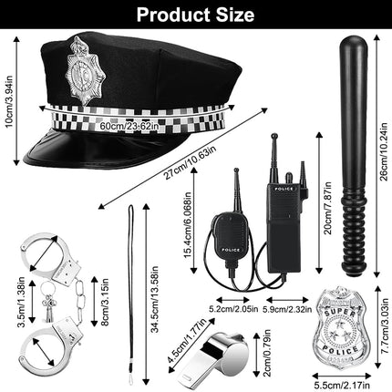NIEEKRUN 6 gabali policijas kostīmu aksesuāri ar policijas cepuri, rācijām, roku dzelžiem, nozīmīti, svilpi, policijas kostīmu bērniem, policijas kostīmu komplekts Cosplay policijas kostīmiem bērniem
