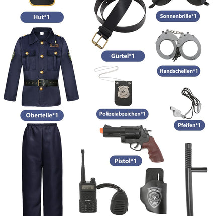 Fover policijas kostīms bērniem zēniem 12 gab. policijas aprīkojums policijas nūjas policijas signāli policijas cepure krekls rācijas policijas rotaļlietu komplekts Helovīna karnevāls dzimšanas dienas policijas kostīms FR010XL