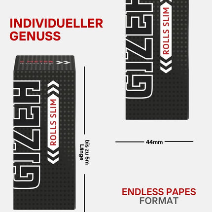 GIZEH BLACK Rolls Slim - ruļļpapīri atsevišķos garumos - 5 metri King Size Slim papīra - 20 augstākās kvalitātes ruļļpapīru iepakojums (14 g/m²)