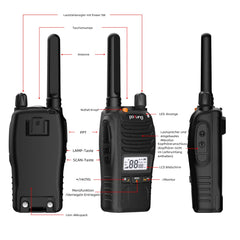 pofung PT88 PRO Professional bezlicencēts PMR446 pārnēsājams uzlādējams rācijas uztvērējs, 16 kanāli, LED ekrāns, mirgojošs trauksmes signāls, TOT, CTCSS/DCS, VOX un USB (kempings, piedzīvojumi) (2 iepakojums)