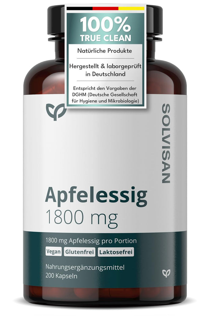 SOLVISAN - ābolu sidra etiķa kapsulas - 1800 mg dienā - 200 kapsulas - ražots Vācijā - vegāns, laboratoriski pārbaudīts un bez piedevām