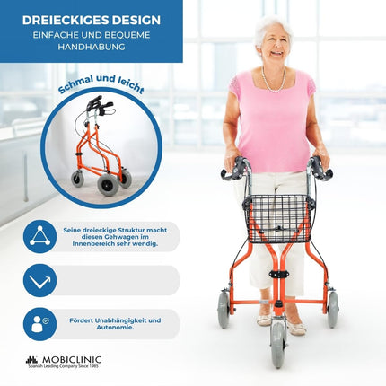 Mobiclinic, Caleta modelis, Rollators, Staigulīši senioriem un cilvēkiem ar invaliditāti, Ar 3 riteņiem, Salokāms staigāšanas palīglīdzeklis, Tērauds, Regulējams, Grozs, Pārnēsāšanas soma, Bremzes uz svirām, Oranžs