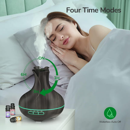 Aromātu difuzors, 600 ml ar 8 ēteriskajām eļļām, guļamistabas gaisa mitrinātājs, gaisa mitrinātājs ar tālvadības pulti, 4 taimeri, automātiska izslēgšanās bez ūdens lielām telpām