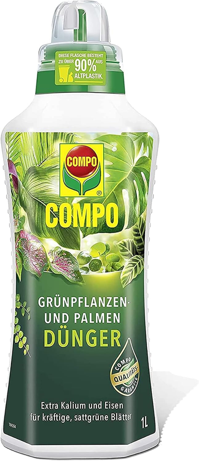 COMPO zaļo augu un palmu mēslojums – īpašs šķidrais mēslojums visiem istabas, balkona un terases augiem – 1 litrs