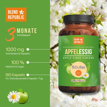 BLEND REPUBLIC® 180 x ābolu sidra etiķa kapsulas, augstas devas un dabīgas | 1000 mg ābolu sidra etiķa vienā dienas devā | Vegāns un laboratorijā pārbaudīts | Ābolu sidra etiķis | 3 mēnešu piegāde