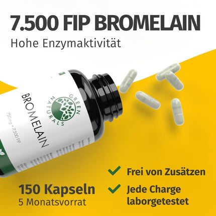 Bromelaīns — augsta deva: 750 mg (7500 FIP) — 150 kapsulas — 5 mēnešu krājumi — zarnās šķīstošās kapsulas — dabīgs ananāsu ekstrakts — Green Naturals®