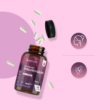Hialuronskābes kapsulas - 600 mg vienā kapsulā - 120 vegāniskas hialuronskābes kapsulas - 4 mēnešu krājumi - molekulas izmērs (500-700 kDa) - hialuronskābe - seruma alternatīva - WeightWorld
