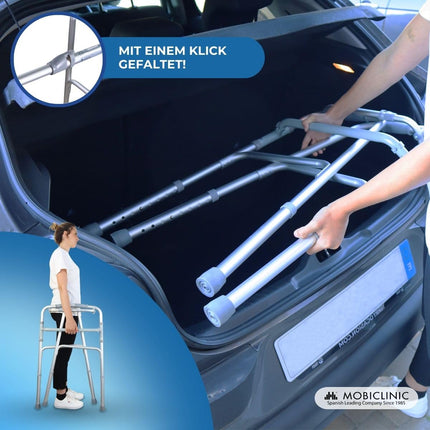 Mobiclinic®, staigāšanas palīglīdzeklis, staigāšanas rāmis, šaurs, stabils, salokāms, 4 gumijas pēdas, izgatavots no alumīnija, viegls, Eiropas zīmols, regulējams augstums, ergonomiski rokturi, tikai 2,5 kg, sudraba, modeļa kolonna