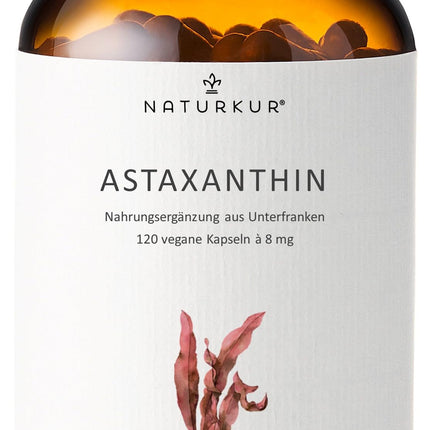 Naturkur® Astaksantīns 8 mg - 120 kapsulas farmaceita stikla burciņā - Augstākās kvalitātes izejviela no mikroaļģēm Haematococcus Pluvialis, vegāns, bez piedevām, roku darbs Lejasfranconijā
